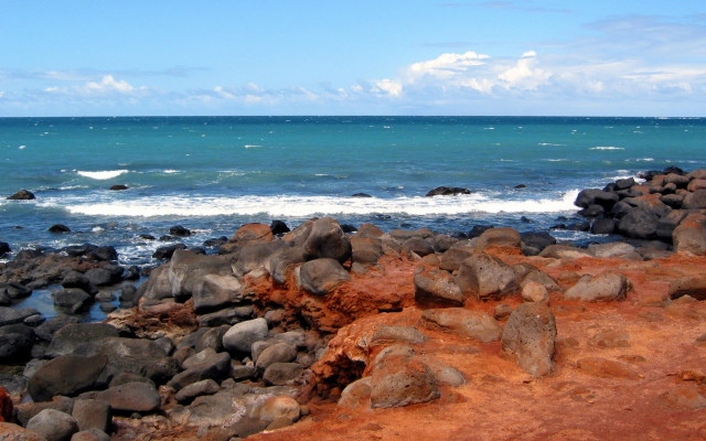 Rocky beach water ship mountains free wallpaper for desktop - medium preview image