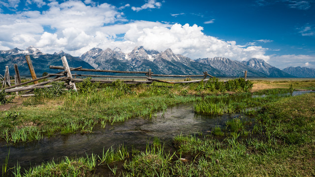 Wooden fence river mountains clouds free wallpaper for desktop - medium preview image