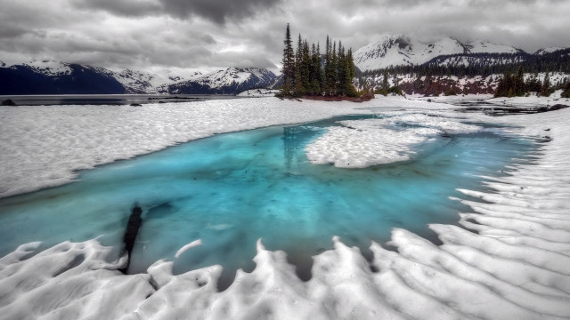 Frozen river mountains trees snow free wallpaper for desktop - medium preview image