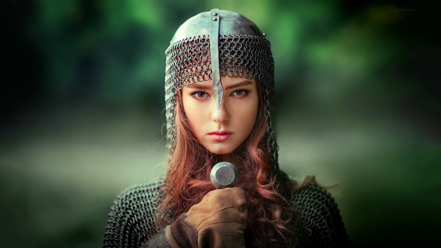 Woman helmet sword serious fantasy free wallpaper for desktop - medium preview image