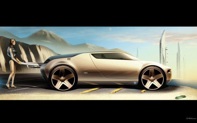 Futuristic car desert mountain bikini free wallpaper for desktop - medium preview image