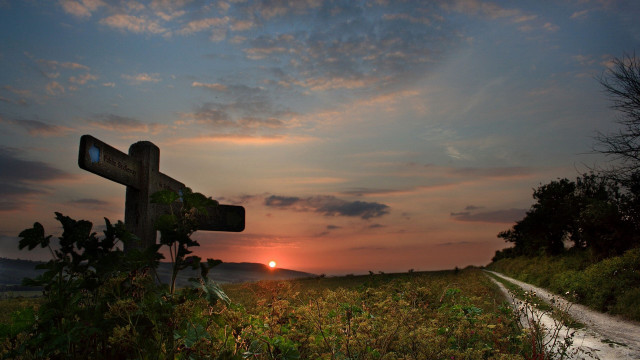 Sunset field wooden sign road free wallpaper for desktop - medium preview image