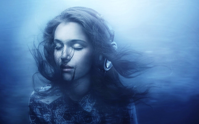 Woman headphones water blue light free wallpaper for desktop - medium preview image