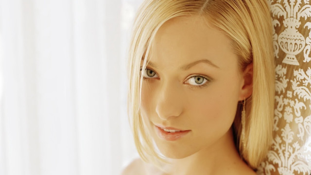 Blonde woman blue eyes curtain free wallpaper for desktop - medium preview image