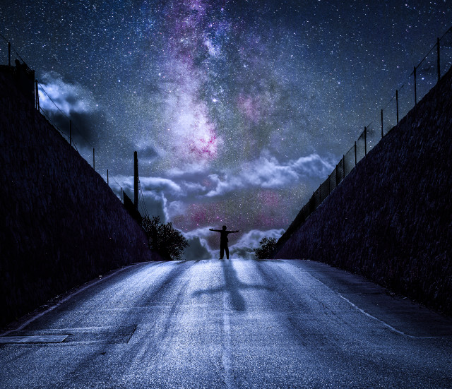 Person road starry sky astronaut free wallpaper for desktop - medium preview image