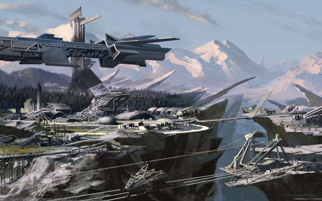Futuristic city mountain spaceship architecture free wallpaper for desktop - medium preview image