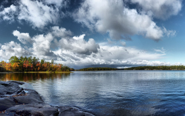 Lake rocks trees clouds sky free wallpaper for desktop - medium preview image