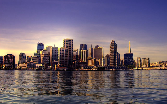 City skyline water sunset dawn free wallpaper for desktop - medium preview image