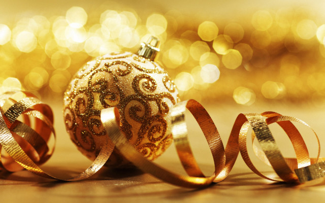 Golden ornament ribbon bokeh lights free wallpaper for desktop - medium preview image