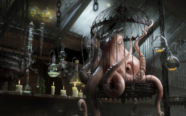 Octopus cage bottles candle surreal free wallpaper for desktop - medium preview image