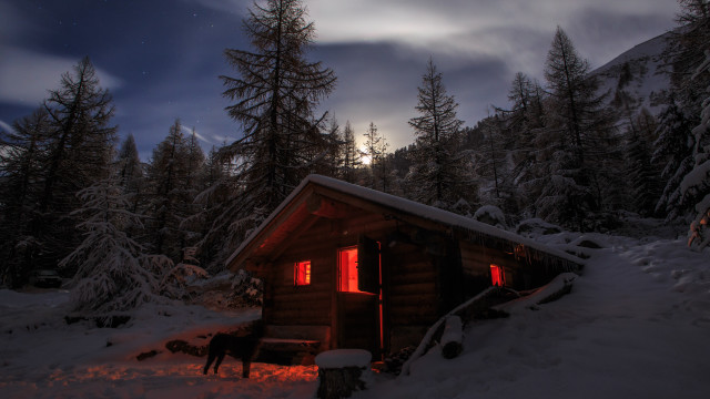 Cabin woods fullmoon snowy night free wallpaper for desktop - medium preview image