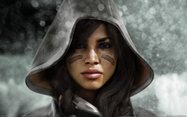 Woman catface hood rain portrait free wallpaper for desktop - medium preview image