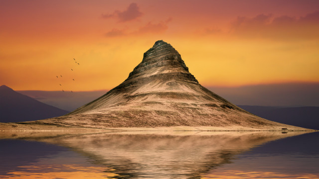 Mountain reflection sunset birds beach free wallpaper for desktop - medium preview image