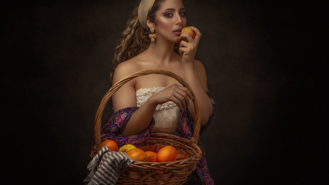 Qajar portrait woman fruit basket free wallpaper for desktop - medium preview image