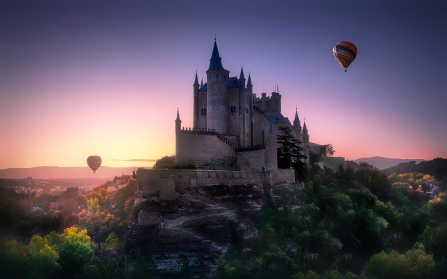 Hotairballoon castle sunset magicrealism mattefantasy free wallpaper for desktop - medium preview image
