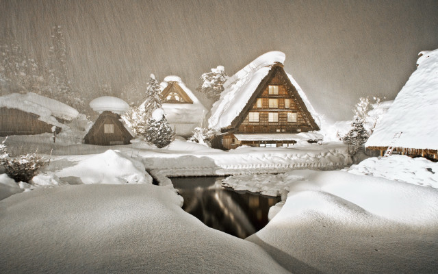 Snow landscape pond house mountain free wallpaper for desktop - medium preview image