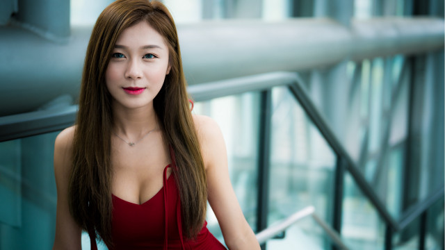 Red dress posing railing building free wallpaper for desktop - medium preview image