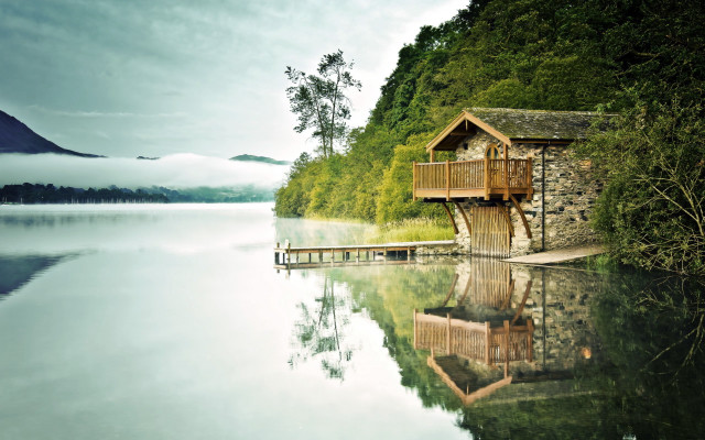House lake mountain fog architecture free wallpaper for desktop - medium preview image