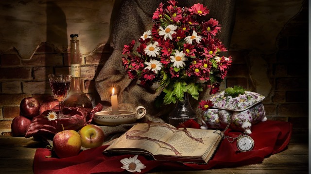 Still life flowers apples candle free wallpaper for desktop - medium preview image