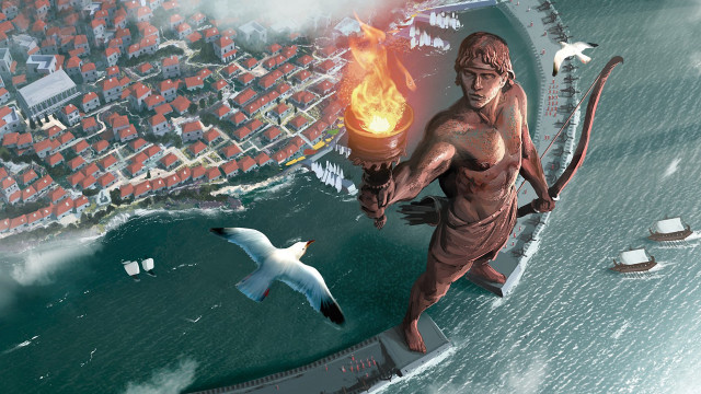 Fire torch man bird city free wallpaper for desktop - medium preview image