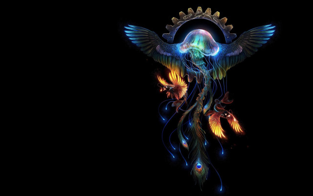 Psychedelic bird skull glowing wings free wallpaper for desktop - medium preview image