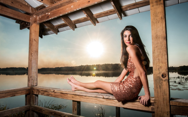 Woman dock lake sunset flare free wallpaper for desktop - medium preview image