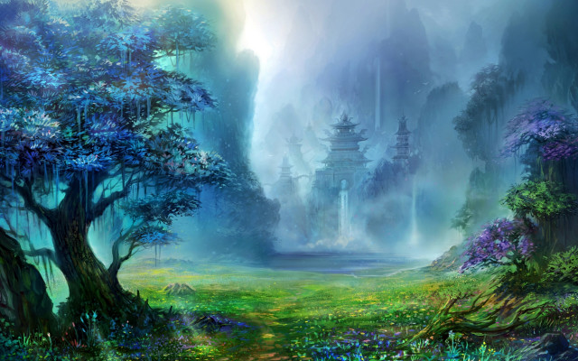 Fantasy forest waterfall mountains misty free wallpaper for desktop - medium preview image