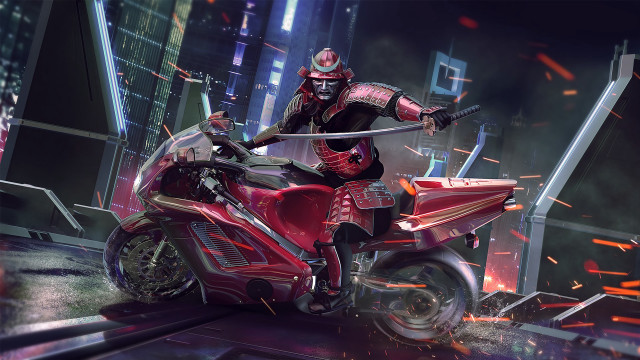Man riding red motorcycle cyberpunk #2 free wallpaper for desktop - medium preview image
