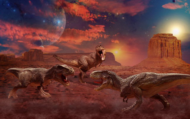 Dinosaurs desert mountain fullmoon night free wallpaper for desktop - medium preview image