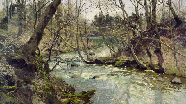 River forest birds oil painting free wallpaper for desktop - medium preview image