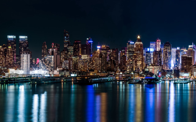 Cityscape night blue reflection boat free wallpaper for desktop - medium preview image