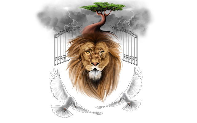 Lion tree birds gate lyco free wallpaper for desktop - medium preview image