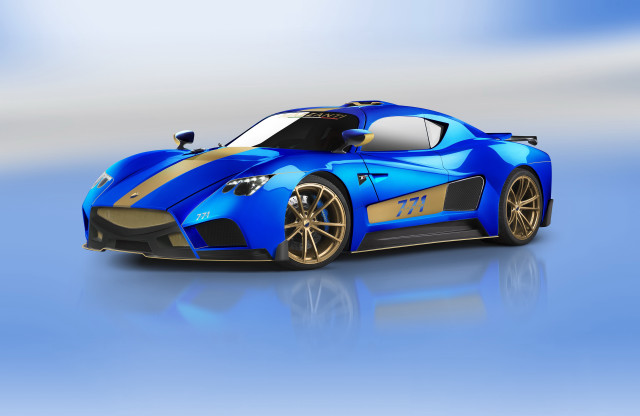 Blue sports car gold accents free wallpaper for desktop - medium preview image