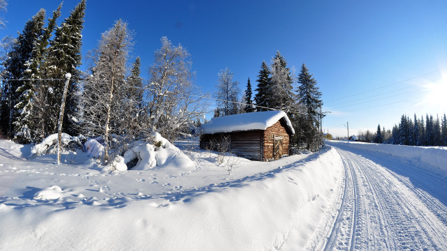 Log cabin snowy road woods free wallpaper for desktop - medium preview image