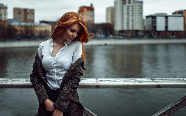 Red haired woman water city #2 free wallpaper for desktop - medium preview image