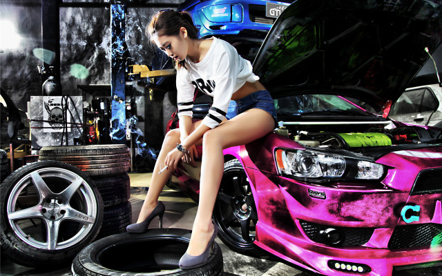 Woman sitting pink car garage free wallpaper for desktop - medium preview image