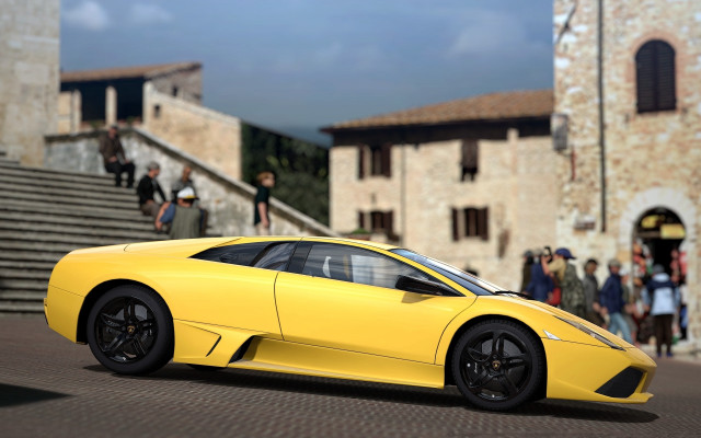 Yellow sports car building people free wallpaper for desktop - medium preview image