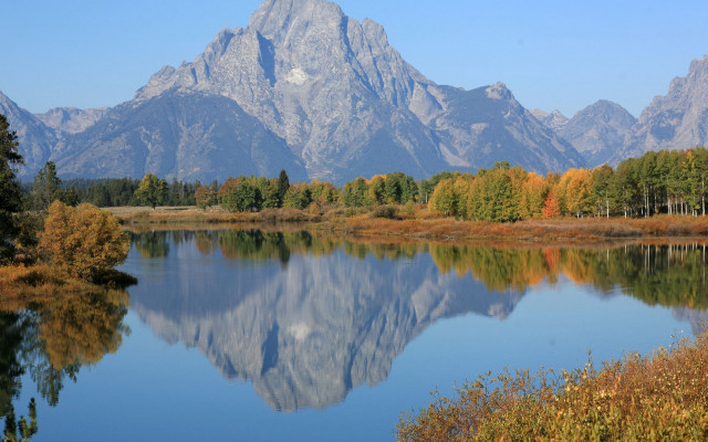 Mountain range reflection autumn forest free wallpaper for desktop - medium preview image