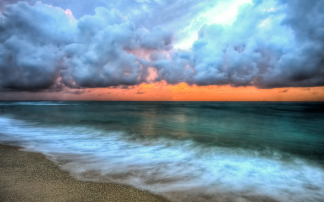 Beach waves cloudy sky surfboard free wallpaper for desktop - medium preview image