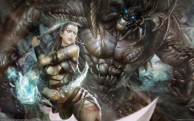 Woman sword monster fantasy mtg free wallpaper for desktop - medium preview image