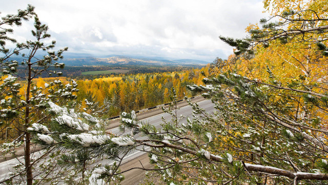 Mountain view forest autumn snowy free wallpaper for desktop - medium preview image