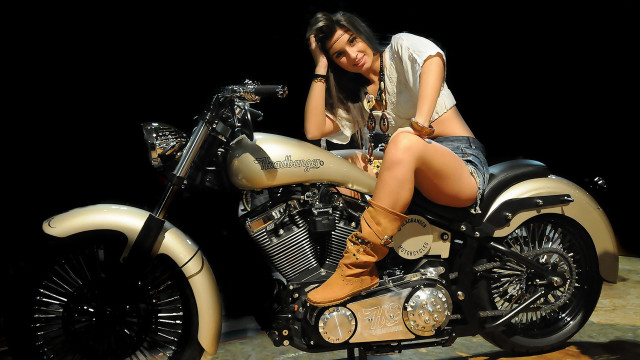 Woman motorcycle sitting denim black free wallpaper for desktop - medium preview image