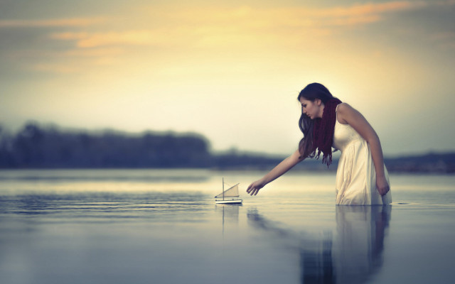 Woman white dress laptop sunset free wallpaper for desktop - medium preview image
