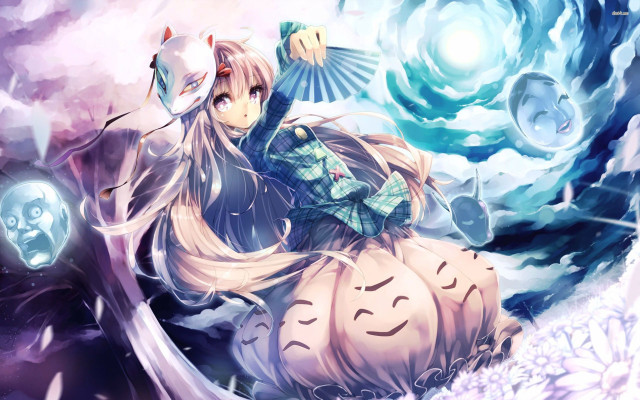 Girl sitting pumpkin bird flying free wallpaper for desktop - medium preview image