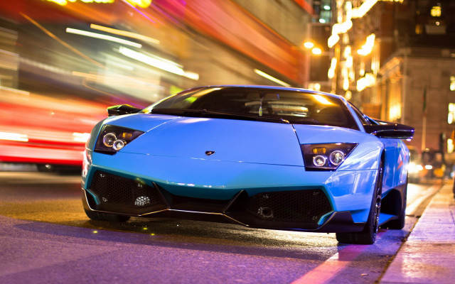 Blue sports car night street free wallpaper for desktop - medium preview image