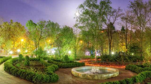 Garden fountain lit trees bushes free wallpaper for desktop - medium preview image
