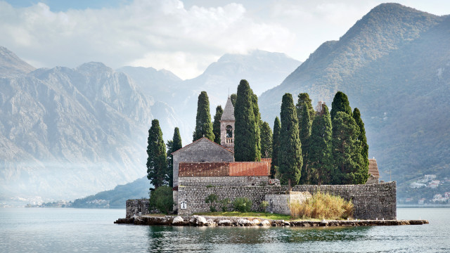 Small island church trees mountains free wallpaper for desktop - medium preview image