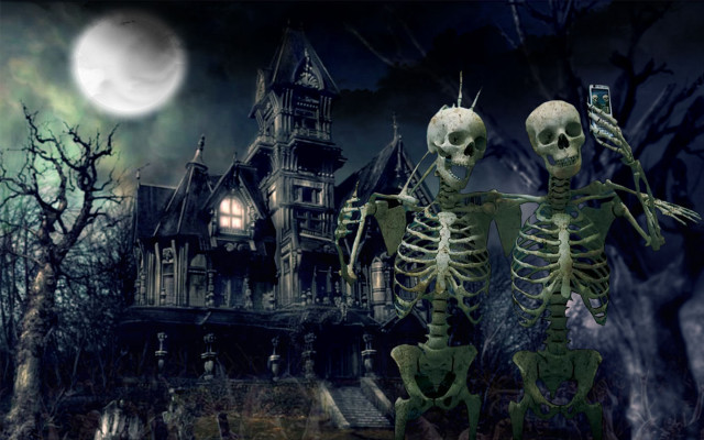 Skeletons creepy house full moon free wallpaper for desktop - medium preview image