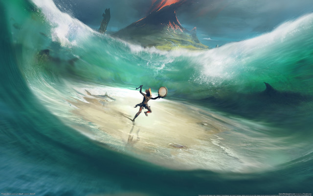 Surfboard wave mountain beach girls free wallpaper for desktop - medium preview image