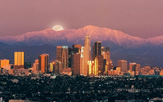 City mountains fullmoon pinksky purple #3 free wallpaper for desktop - medium preview image